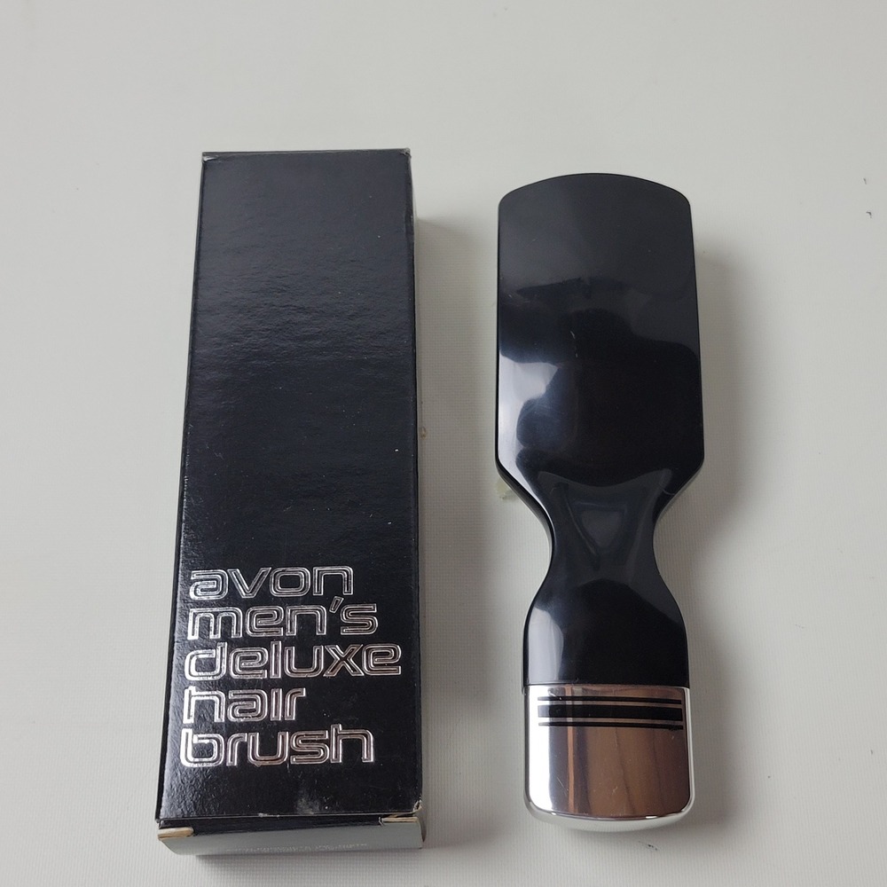 Avon Mens Deluxe Hair Brush Vintage Black with Chrome Handle End and Box